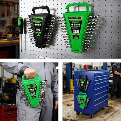 2-Piece Magnetic Wrench Organizer, Metric & SAE Portable Plastic Wrench Holder, 24-Slot Total, Foldable Carrying Handle for Wall-Mounted, Easy-Open Lock Cover, Wrenches Storage Rack Tool for Tool Box - style: 24-Slot with Cover