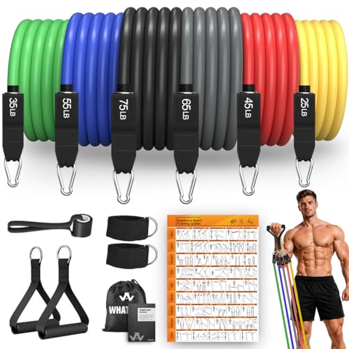 WHATAFIT Resistance Bands, 5 Level Exercise Bands with Handles for Workout | 10-30 lbs, stackable to 100. Natural latex, ankle straps, door anchor, guide. For strength, yoga,workout - color: 300LB-Conventional