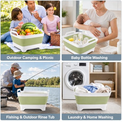 2.4 Gal(9L) Collapsible Dish Basin with Drain Plug, Space Saving Outdoor Multiuse Foldable Sink Tub, Dishpan, Kitchen Storage Tray for Camping, Vegetable Washing, RV (Green) - color: Green