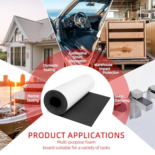 Black Neoprene Foam Sheet, 12" x 1/8" x 5ft, High Density Self-Adhesive Rubber Padding with White Backing, Weather Stripping, Soundproofing Mat, and Gasket Sealer for Home, Auto & DIY Projects
