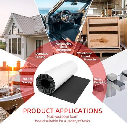 Black Neoprene Foam Sheet, 12" x 1/8" x 5ft, High Density Self-Adhesive Rubber Padding with White Backing, Weather Stripping, Soundproofing Mat, and Gasket Sealer for Home, Auto & DIY Projects