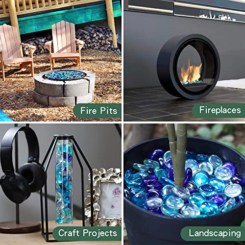 OnlyFire Fire Pit Glass Rocks 10 lbs, High Luster Fire Glass Beads 1/2 Inch, Tempered Glass Marbles for Propane/Natural Gas Fire Pit, Fireplace, Multicolor & Blends Available - color: Cobalt Blue++Crystal Ice+Caribbean Blue