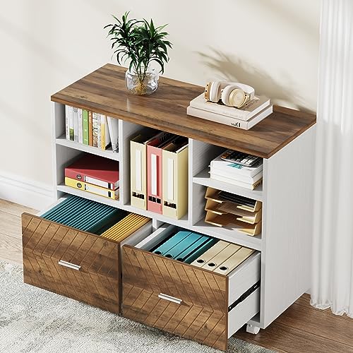 Tribesigns 2-Drawer Wood File Cabinet, Mobile Lateral Filing Cabinet for Hanging Letter Size Files, Printer Stand with Open Storage Shelves for Home Office (Oak Karo & White) - color: Oak Karo & White