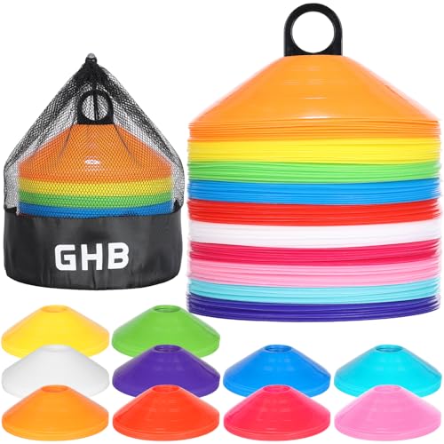 GHB Soccer Cones 25/50/100 Pack Disc Soccer Sport Cones Training Field Marker Agility Cones for Traffic, Basketball, Coaching, Practice Equipment Includes Cone Drills Guide - color: 100Pcs Multicolor