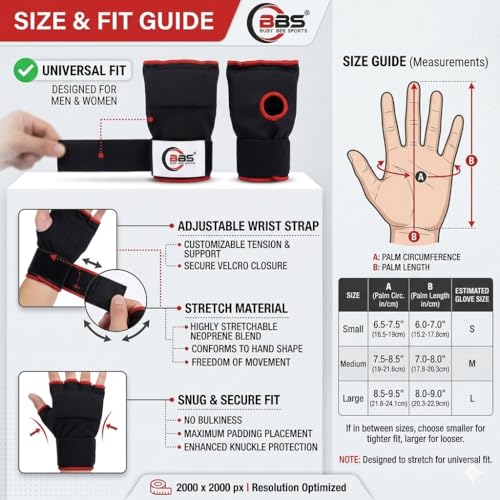 Busy Bee Sports Quick Hand Wraps for Boxing & MMA, Large Size (Snug Fit) – Gel Padded Inner Gloves with Wrist Support, Easy Slip-On Wraps for Men & Women, Breathable for Muay Thai & Kickboxing
