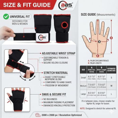 Busy Bee Sports Quick Hand Wraps for Boxing & MMA, Large Size (Snug Fit) – Gel Padded Inner Gloves with Wrist Support, Easy Slip-On Wraps for Men & Women, Breathable for Muay Thai & Kickboxing