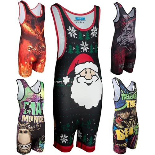 KO Sports Gear Adult Wrestling Singlets, Funny & Holiday Designs, XS-3XL - color: Ugly Christmas Sweater, size: Small