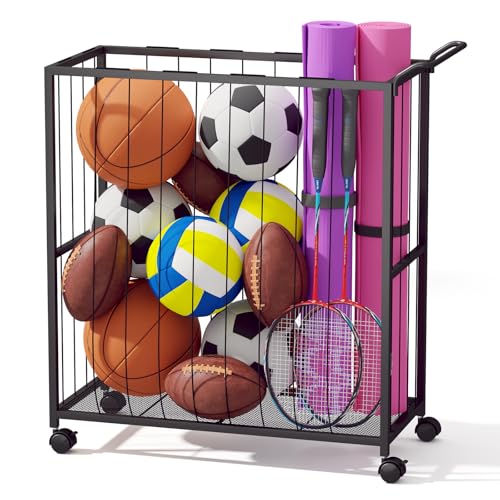 Ball Storage Bin Rolling Sports Ball Cart, Black | Metal Garage Organizer Sport Rack, Ball Basket Storage, Toys Cage for Garage or Gym, Indoor & Outdoor Sports Equipment - color: Black