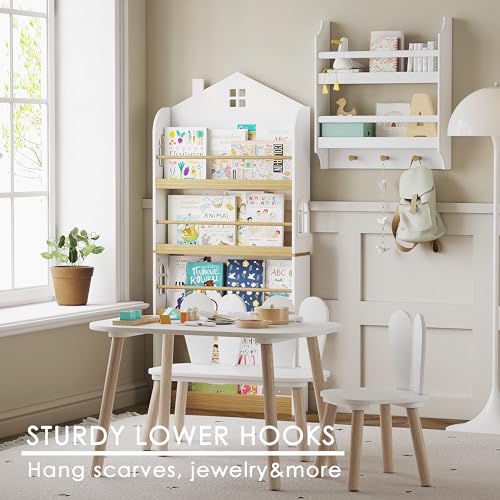 UTEX Floating Nursery Bookshelves, 2-Tier Wall Shelf with 3 Hooks, White