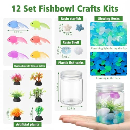 12 Set Fishbowl Craft Kit with Plastic Fish Bowl Floating Fake Goldfish Aquarium Plant Glow in The Dark Rock Seashell Mini Fish Tank Decoration Accessories for Party Supplies School Classroom