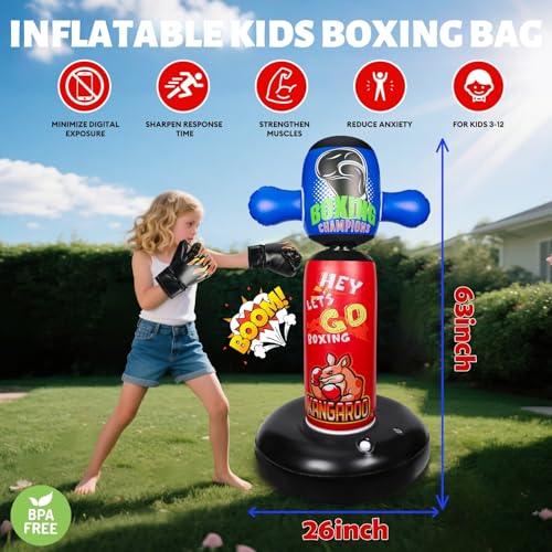Punching Bag for Kids with 360° Rotating Head, Hyperzoo 63" Heavy-Duty Inflatable Boxing Bag with Glove, Freestanding Punching Bag Toy for Boys & Girls Ages 5–12 – Great - style: Kangaroo