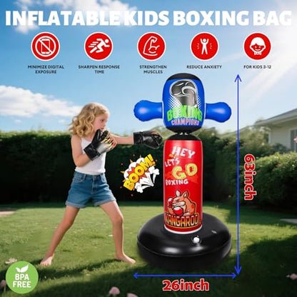 Punching Bag for Kids with 360° Rotating Head, Hyperzoo 63" Heavy-Duty Inflatable Boxing Bag with Glove, Freestanding Punching Bag Toy for Boys & Girls Ages 5–12 – Great - style: Kangaroo