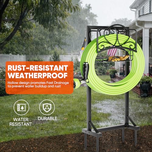 Stable Garden Hose Holder with Storage Basket and Tool Hooks, Heavy-Duty Garden Hose Storage Metal Hose Hanger Holds 160Ft, Rustproof Freestanding Water Hose Holder for Outside,Yard,Lawn,Farm - color: Black