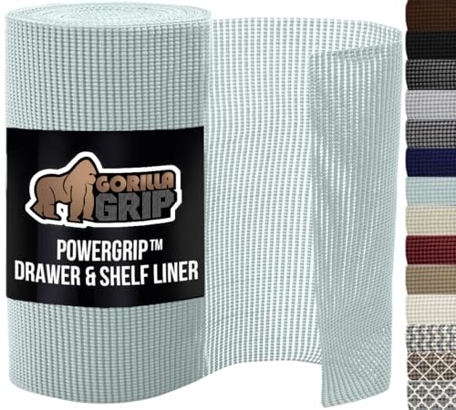 GORILLA GRIP powerGRIP Drawer Shelf and Cabinet Liner, Thick Strong Hold, Non-Adhesive Liners Protect Kitchen Cabinets and Cupboard, Bathroom Drawers, Easy Install, Breathable Mat, 12" x10', Spa Blue - color: Spa Blue, style: 12" x 10'