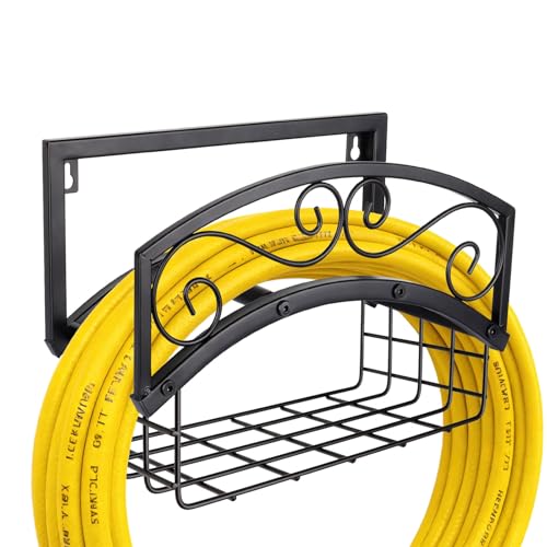 Garden Hose Holder Wall Mount, Heavy Duty Metal Water Hose Holder with Basket for Outside, Hose Storage Holds 150FT Water Pipe for Yard, Lawn, Garden, Farm, Gifts for Women Men - style: Wall Mount with Bracket