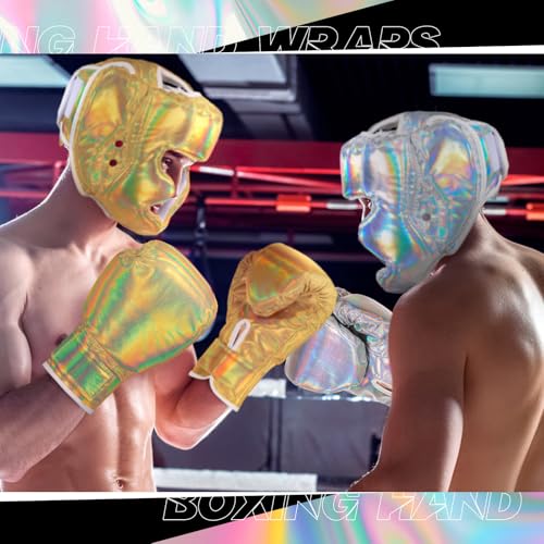 Kanayu 14 Pcs Boxing Gloves and Headgear Set for Beginners Youth 16 Ounce Boxing Gloves Headgear Helmet Hand Wraps Mouth Guards Equipment for Beginners Training Equipment Gifts - color: Holographic Color