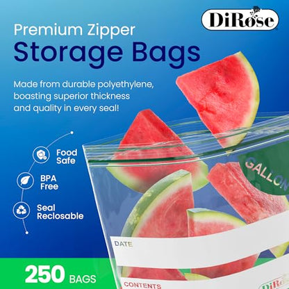 DiRose Gallon Bags Pack of 250 – 1 Gallon Reclosable Storage Bags – Practical and Durable Design – Food Safe Non-BPA Material – Easy Zip Closure – Ideal for Food, Snacks, Dog Treats, Organizing