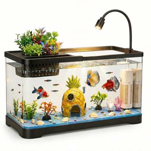 4 Gallon Fish Tank Aquarium Starter Kit with Filter and Light, All in One Small Fish Tank for Betta, Kids & Desktop Use, Self Cleaning Nano Aquarium with Lid(Medium Black) - color: Black, size: Medium