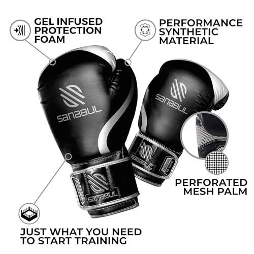 Sanabul Essential Gel Boxing Gloves for Men & Women, Kickboxing MMA, Muay Thai Gloves and Heavy Bag Training Punching & Sparring - color: Black/Metallic Silver, size: 8 oz