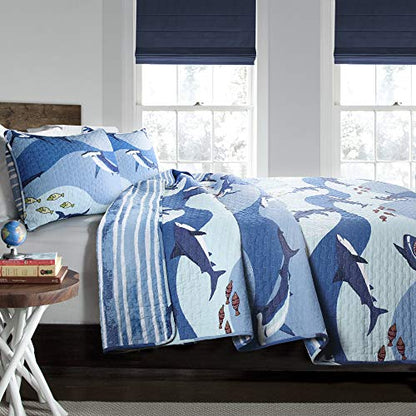 Lush Decor 16T003162 Blue Shark Allover Quilt | Fish Ocean Wave Reversible 3 Piece Bedding Set-Full Queen - size: Full/Queen