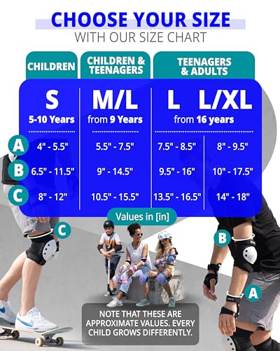 SKATEWIZ Skateboard Pads Protective Gear Set for Kids and Adults - Smash - Roller Skate Pads [6pc] with Wrist Guards - Skating Protective Gear - Roller Derby - color: Blue Black, size: M/L - Kids/Teens