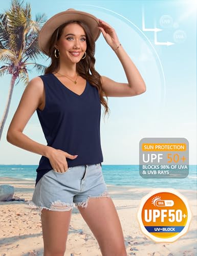 YUCOLEN Women's Tank Tops Loose Fit V Neck Summer UPF 50+ Flowy Curved Hem Basic Casual Sleeveless Tops - color: Navy, size: Large