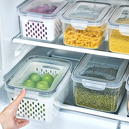 3 Pcs Drain Storage Basket Box with Removable Colander, 850ml/1750ml/3300ml Transparent Leakproof Food Storage Containers for Fruit,Vegetable, Salad, Meat, Fish