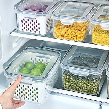 3 Pcs Drain Storage Basket Box with Removable Colander, 850ml/1750ml/3300ml Transparent Leakproof Food Storage Containers for Fruit,Vegetable, Salad, Meat, Fish