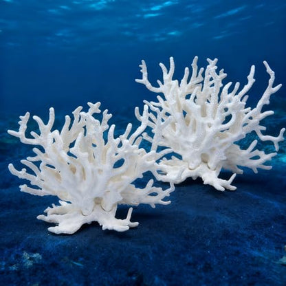 2 Pcs Artificial Aquarium Coral Reef Decor White | PVC, Faux, Fish Tank Ornament, Landscape Accessories