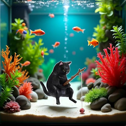 BWESOO Black Fish Tank Landscaping Cartoon Fishing Cat Ornaments Aquarium Accessories Household Supplies Home Office Decorations Fishing Cat Figurine Aquarium Décor Thematic Ornaments