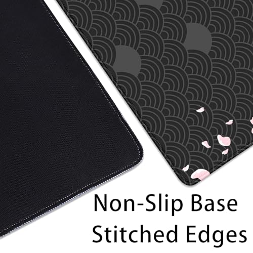 Black Watercolor Cherry Blossom Desk Pad Mouse Pad,Large Gaming Mouse Mat with Stitched Edges,Non-Slip Waterproof Rubber Base Mousepad for Office Work Home Desk Mat(27.5X11.8 in)