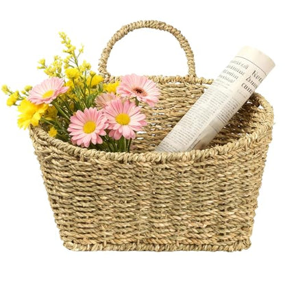 Hanging Wall Basket Handwoven Wicker Basket for Plants, Flowers & Storage, Rustic Farmhouse Wall Decor Organizer, Natural Seagrass