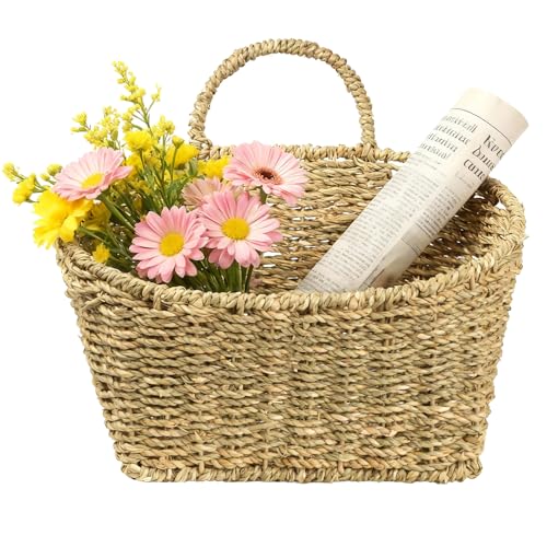 Hanging Wall Basket Handwoven Wicker Basket for Plants, Flowers & Storage, Rustic Farmhouse Wall Decor Organizer, Natural Seagrass