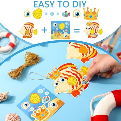 Frienda 48 Set Ocean Animal Make a Face Craft Kit DIY Hanging Decorations Large Sea Creature Cards with Stickers Gold Ribbon Summer Beach Party Favors Craft Activity Set Rewards Gift - style: Ocean Animal