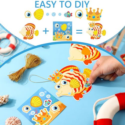 Frienda 48 Set Ocean Animal Make a Face Craft Kit DIY Hanging Decorations Large Sea Creature Cards with Stickers Gold Ribbon Summer Beach Party Favors Craft Activity Set Rewards Gift - style: Ocean Animal