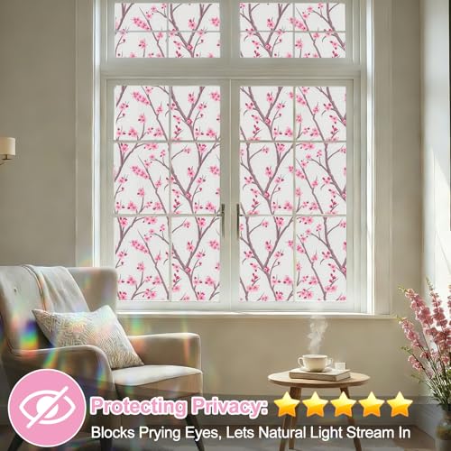 Frosted Static Cling Window Film, Stained Glass Privacy Film with Sakura Pattern, Anti-Glare UV Protection, Removable Decorative Window Clings for Home (Frosted Sakura, 17.5 x78.7 in)