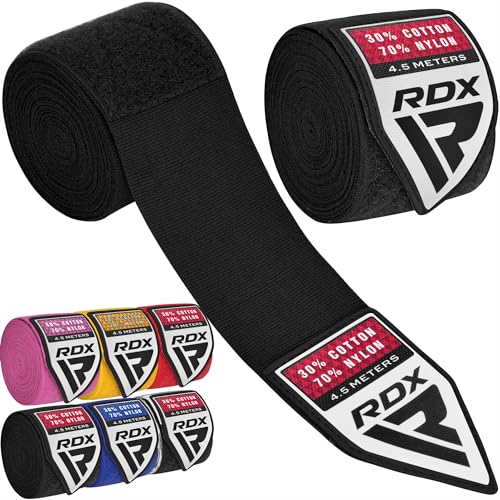 RDX Boxing Hand Wraps 4.5M / 180 Inches – Mexican Style Semi-Elastic MMA Inner Gloves - Wrist Support for Muay Thai, Kickboxing, BJJ, Karate - Thumb Loop & Hook and Loop Closure - Cotton & Nylon Blend - color: Black