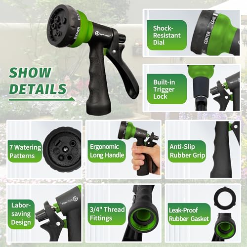 AUTOMAN-Garden-Hose-Nozzle, 2 Pack ABS Water Spray Nozzle with Heavy Duty 7 Adjustable Watering Patterns,Slip Resistant for Watering Plants,Lawn& Garden,Washing Cars,Cleaning,Showering Pets - Green - color: Green ×2