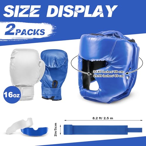 Kanayu 14 Pcs Boxing Gloves and Headgear Set for Beginners Youth 16 Ounce Boxing Gloves Headgear Helmet Hand Wraps Mouth Guards Equipment for Beginners Training Equipment Gifts - color: Blue, White
