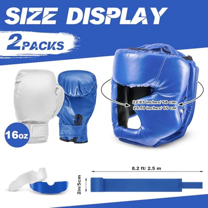Kanayu 14 Pcs Boxing Gloves and Headgear Set for Beginners Youth 16 Ounce Boxing Gloves Headgear Helmet Hand Wraps Mouth Guards Equipment for Beginners Training Equipment Gifts - color: Blue, White