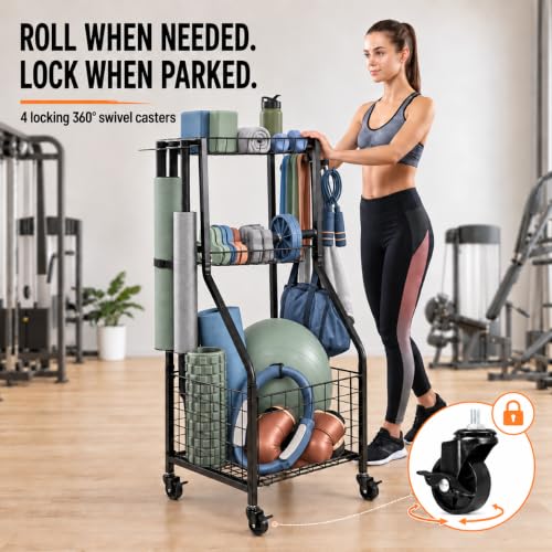 YueTong Rolling Sports Equipment Organizer with Locking Wheels and Ball Rack - color: Black – Locking Wheels