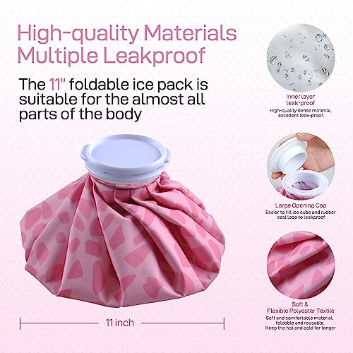 Ice Pack for Injuries Reusable, Ice Bag Reusable 11" Hot Water Bag for Hot & Cold Therapy, No-Leak Elastic Pink Ice Bag for Pain Relief, Menstruation Pain Injuries Muscle Strains - size: 11 Inch