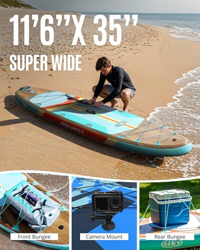 11'6"x35" Inflatable Paddle Board for Adults, Extra Wide Stable SUP | Stand Up Paddleboard, Non-slip EVA Deck, Complete Accessories, Unique Center Fin, for All Skill Levels Paddling On Any Water - color: Brown Wood Seat