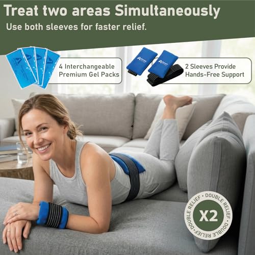Flexible Cold Gel Pack with Straps, 9.5" x 4.5", 4 Pack | Soft gel ice pack for injuries reusable, recovery, with hands-free strap, medical grade knee, back, neck, wrist, hand - style: ColdWithStrap