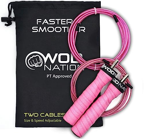 WOD Nation Attack Speed Jump Rope : Adjustable Jumping Ropes : Unique Two Cable Skipping Workout System : One Thick and One Light 11 Foot Cable : Perfect for Double Unders : Men and Women - color: Pink
