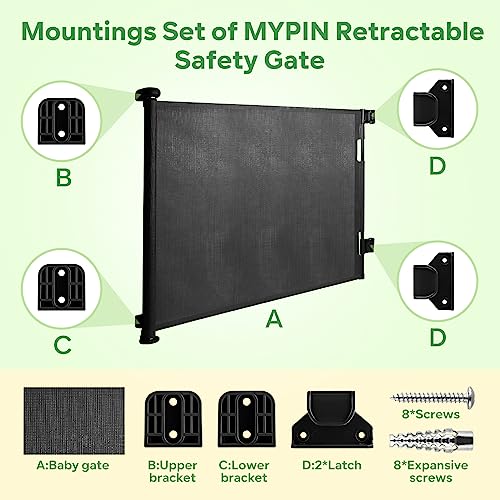 Retractable Baby Gate Replacement Parts Kit, Pet Gate Full Set Wall Mounting Hardware with Brackets Anchors and Screws(Black)