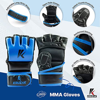 Kruzak MMA Gloves, Half-Finger Boxing Mitts with Hand Wraps - color: Blue, size: Small-Medium