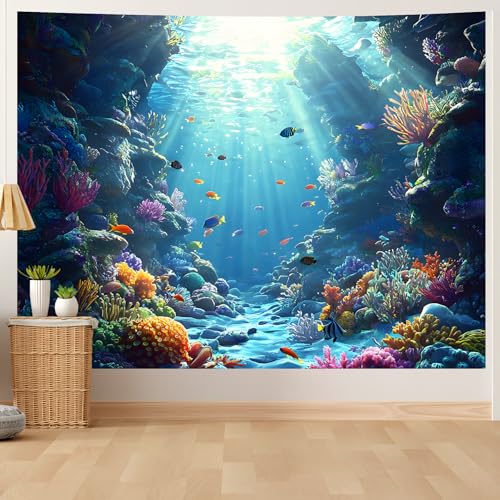 AOHMPT Underwater World Tapestry - Blue Ocean and Aquarium Tropical Fish Wall Decoration - Deep Sea Fish Wall Hanging for Bedroom, Dorm Room and Living Room 79" L x 59" W