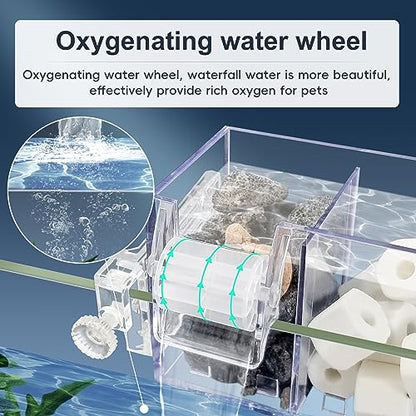 Premium Multi-Layer Aquarium Filter for 5 to 30 Gallon Fish Tanks: Oxygenating Water Wheel, Low-Noise Operation, Dual-Sided Suspension, Transparent