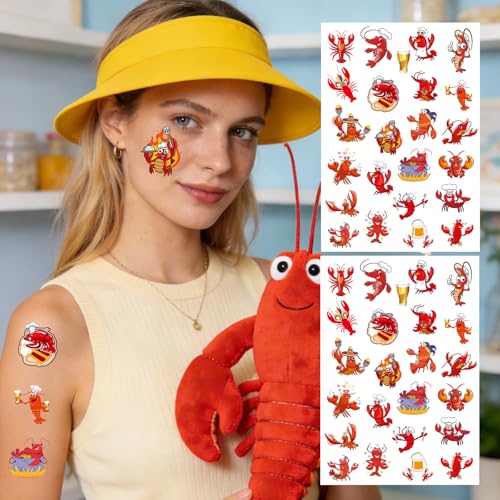 8 Sheets 200+ Crawfish Boil Temporary Tattoos Summer Seafood Lobster Crayfish Shrimp Tattoos Stickers Support Crayfish Boil Theme Birthday Party Favors Gifts Rewards Supplies - color: Crawfish Boil